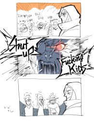 Rule 34 | 1girl, 3boys, 3koma, ana (overwatch), anger vein, angry, beard, cassidy (overwatch), coat, comic, commentary, covered mouth, cowboy hat, english text, eyepatch, facial hair, facial mark, facial tattoo, fangs, glowing, glowing eyes, hat, hijab, hood, hooded jacket, jacket, kamatama (bobojobobo), looking at viewer, mask, monochrome, mouth mask, multiple boys, old, old woman, overwatch, overwatch 1, profanity, reaper (overwatch), scared, shouting, skull mask, soldier: 76 (overwatch), spot color, tattoo, teeth, trench coat, visor, white background