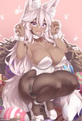 Rule 34 | 1girl, animal ear fluff, animal ears, armband, aurora (kanachirou), blush, breasts, choker, dark-skinned female, dark skin, easter egg, egg, facial mark, fang, fishnet pantyhose, fishnets, fox ears, fox girl, fox tail, full body, hair between eyes, high heels, highres, kanachirou, large breasts, leotard, long hair, looking at viewer, nail polish, nest, nontraditional playboy bunny, open mouth, original, pantyhose, paw pose, pink background, playboy bunny, purple eyes, slit pupils, smile, solo, squatting, tail, thigh strap, twitter username, very long hair, white choker, white footwear, white hair, white leotard, white nails, wrist cuffs, wristband