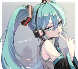 Rule 34 | 1girl, blue eyes, blue hair, collared shirt, commentary request, detached sleeves, finger to mouth, from side, half-closed eyes, hatsune miku, headphones, headset, highres, index finger raised, long hair, long sleeves, looking at viewer, naguno-0713, nail polish, necktie, parted lips, shirt, sleeveless, sleeveless shirt, solo, twintails, upper body, vocaloid