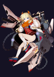 Rule 34 | 1girl, akazawa red, ass, black background, blonde hair, blue eyes, blush, braid, cannon, cardigan, chain, commentary request, copyright request, full body, headgear, highres, jacket, looking at viewer, machinery, mecha musume, miniskirt, official art, open clothes, open jacket, orange scarf, plaid, plaid skirt, platform footwear, scarf, school uniform, side braid, simple background, skirt, smokestack, socks, solo, turret, white socks
