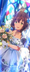 Rule 34 | 1girl, animal ears, aston machan (haute couture memory) (umamusume), aston machan (umamusume), blush, bouquet, church, commentary request, crown, dress, ear piercing, flower, frilled dress, frills, gloves, green eyes, hair between eyes, highres, holding, holding bouquet, horse ears, horse girl, horse tail, jewelry, necklace, official alternate costume, official alternate hairstyle, open mouth, piercing, smile, solo, sparkle, stained glass, tail, umamusume, wedding dress, white dress, white gloves, yuuki tatsuya