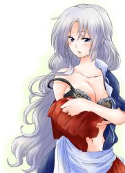 Rule 34 | 1girl, blue eyes, blush, bra, breasts, cleavage, commentary request, large breasts, long hair, navel, no headwear, no headwear, open clothes, open mouth, open shirt, shirt, silver hair, solo, strap slip, touhou, underwear, undressing, unya, yagokoro eirin