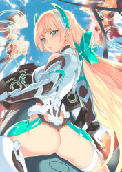 Rule 34 | 1girl, angela balzac, ass, blonde hair, blush, breasts, elbow gloves, from behind, gloves, green eyes, hair ornament, headgear, holographic interface, large breasts, leotard, long hair, looking at viewer, looking back, low twintails, metallican, rakuen tsuihou, solo, twintails, very long hair