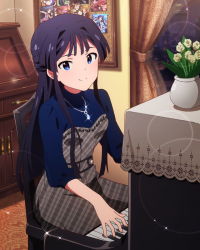 Rule 34 | 10s, 1girl, animal print, black hair, blue eyes, blush, breasts, butterfly print, chair, cityscape, curtains, dress, flower, from side, half updo, idolmaster, idolmaster million live!, indoors, instrument, jewelry, lace, lens flare, light smile, looking at viewer, million live card, mogami shizuka, music, necklace, night, night sky, official art, parted bangs, pendant, photo (object), piano, plaid, plaid dress, playing instrument, reflection, rose, sidelocks, sitting, sky, small breasts, smile, solo, sparkle, swept bangs, turtleneck, upright piano, vase, window