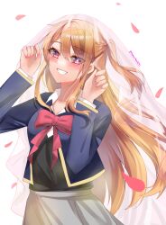 Rule 34 | 1girl, black sweater vest, blonde hair, blue jacket, blush, bow, bowtie, bridal veil, clenched teeth, collarbone, collared shirt, commentary request, cow, cropped jacket, falling petals, grey skirt, hair between eyes, highres, hoshino ruby, jacket, lemon t, long hair, looking at viewer, mismatched pupils, multicolored eyes, nail polish, no pupils, one side up, oshi no ko, petals, pink bow, pink bowtie, pink eyes, pink nails, purple eyes, school uniform, shirt, sidelocks, simple background, skirt, smile, solo, star-shaped pupils, star (symbol), sweater vest, symbol-shaped pupils, teeth, twitter username, veil, very long hair, white background, white shirt, youtou high school uniform