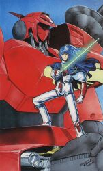 Rule 34 | 1980s (style), 1985, 1boy, blue hair, boots, character request, cloak, dated, gloves, highres, juusenki l-gaim, kitazume hiroyuki, long hair, looking at viewer, machinery, mecha, official art, oldschool, promotional art, retro artstyle, robot, scan, science fiction, signature, traditional media, uniform, upper body