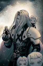 Rule 34 | armor, black gloves, black jacket, chest strap, cowboy shot, dated, figure, final fantasy, final fantasy vii, final fantasy vii remake, gloves, grey hair, greyscale, hair over one eye, highres, holding, holding toy, jacket, kay-i, long bangs, long hair, long jacket, long sleeves, looking at viewer, low poly, male focus, merchandise, monochrome, one eye covered, parted bangs, sephiroth, shoulder armor, stuffed toy, toy, twitter username