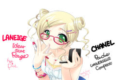 Rule 34 | 1girl, blonde hair, bracelet, cosmetics, double bun, emily (pure dream), eyeshadow, finger to mouth, glasses, green eyes, hair ornament, hairclip, jewelry, lipstick, lipstick tube, makeup, necklace, solo, source request
