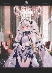 Rule 34 | 1girl, absurdly long hair, absurdres, azur lane, bare shoulders, black bow, black choker, black neckerchief, black ribbon, black sailor collar, bow, breasts, chair, choker, clothing cutout, cowboy shot, dress, dress bow, dress flower, feather dress, formidable (azur lane), formidable (timeless classics) (azur lane), grey hair, hair bow, hairband, hands up, highres, indoors, large breasts, long hair, navel cutout, neckerchief, official alternate costume, red eyes, ribbon, sailor collar, sleeveless, sleeveless dress, solo, soukou makura, twintails, two-tone dress, two-tone ribbon, veil, very long hair, white dress, window
