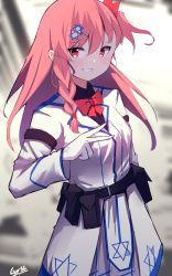 Rule 34 | 1girl, absurdres, artist name, belt pouch, bow, bowtie, braid, gar32, girls&#039; frontline, gloves, grin, hair ornament, highres, long hair, long sleeves, looking at viewer, negev (girls&#039; frontline), pink hair, pouch, red eyes, smile, solo, white gloves