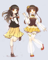 Rule 34 | 2girls, bad id, bad pixiv id, brown eyes, brown hair, character request, dual persona, eyelashes, grey background, happy, highres, hoshi (xingspresent), long hair, looking at viewer, multiple girls, open mouth, original, precure, shoes, simple background, sketch, skirt, smile, standing