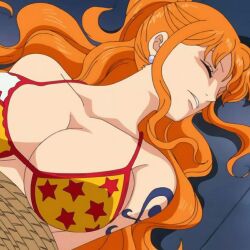 Rule 34 | 1girl, bikini, breasts, closed eyes, earrings, huge breasts, jewelry, large breasts, long hair, nami (one piece), one piece, orange hair, plunging neckline, swimsuit, tattoo, tied up (nonsexual), unconscious, upper body