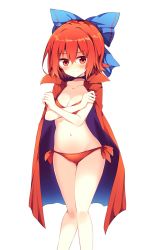 Rule 34 | 1girl, bikini, blue bow, blush, bow, breasts, cape, cleavage, collarbone, commentary request, covering privates, covering breasts, feet out of frame, groin, hair between eyes, hair bow, highres, looking at viewer, maturiuta sorato, medium breasts, navel, red bikini, red cape, red eyes, red hair, ribbon-trimmed bow, ribbon trim, sekibanki, short hair, side-tie bikini bottom, simple background, solo, standing, stomach, swimsuit, thighs, touhou, white background