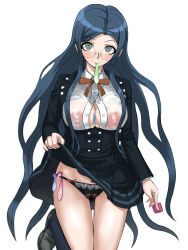 Rule 34 | 1girl, akisora, black jacket, black panties, blazer, blue eyes, blue hair, blush, breasts, cleavage, clothes lift, commentary request, condom, condom in mouth, condom wrapper, crotchless, crotchless panties, danganronpa (series), danganronpa v3: killing harmony, female pubic hair, glasses, highres, holding, holding condom, jacket, large breasts, lifting own clothes, long hair, mouth hold, neck ribbon, nipples, orange ribbon, panties, parted bangs, pleated skirt, pubic hair, pussy, ribbon, school uniform, see-through, see-through shirt, shirogane tsumugi, shirt, simple background, skirt, skirt lift, solo, thighs, underwear, used condom, white background, white shirt