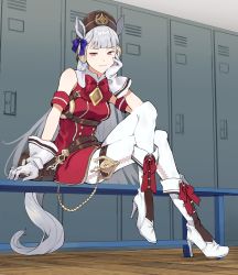 Rule 34 | 1girl, animal ears, armband, bag, belt, bench, black hat, blue ribbon, boots, bow, bowtie, breasts, brown belt, buttons, closed mouth, commentary, crossed legs, double-breasted, dress, full body, gloves, gold ship (umamusume), hair ribbon, hand on own cheek, hand on own face, hat, high heel boots, high heels, highres, horse ears, horse girl, horse tail, kurodeko, light smile, locker, locker room, long hair, looking at viewer, looking to the side, medium breasts, pants, pantyhose, purple eyes, red bow, red bowtie, red dress, ribbon, satchel, silver hair, sitting, solo, strap, tail, tight clothes, tight pants, umamusume, white footwear, white gloves, white pants, wooden floor