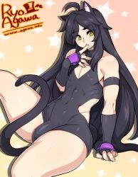 Rule 34 | 1boy, agawa ryou, animal ears, artist name, bare shoulders, black hair, breasts, bulge, cat ears, cat tail, eyebrows, finger to mouth, fingerless gloves, gloves, looking at viewer, male focus, rei (yellow kirby), small breasts, solo, tail, thick thighs, thighs, trap, watermark, web address, yellow eyes