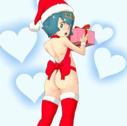 Rule 34 | 1girl, ass, blue background, blue eyes, blue hair, blush, bow, bowtie, christmas present, creatures (company), freckles, game freak, gift, hairband, hat, holding, lana (pokemon), looking at viewer, looking back, nintendo, pokemon, pokemon (anime), pokemon sm (anime), santa hat, short hair, solo, thighhighs, tof, upper body