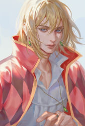 Rule 34 | 1boy, blonde hair, blue eyes, closed mouth, earrings, eyelashes, gem, green gemstone, hair between eyes, howl (howl no ugoku shiro), howl no ugoku shiro, jewelry, male focus, necklace, patterned, patterned clothing, ring, solo, upper body, zero q 0q