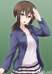 Rule 34 | &gt;:o, 10s, 1girl, :o, alternate costume, anti (untea9), brown eyes, brown hair, casual, denim, denim jacket, fubuki (kancolle), green background, jacket, kantai collection, looking at viewer, open mouth, ponytail, salute, short hair, short ponytail, simple background, skirt, solo, striped clothes, striped skirt, twitter username, upper body, v-shaped eyebrows