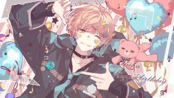 Rule 34 | 1boy, aqua necktie, badge, balloon, belt collar, black collar, black jacket, black shirt, button badge, chain, chain earrings, charm (object), choppy bangs, collar, confetti, ear piercing, earrings, finger frame, gashapon, gears, glint, green eyes, hair ornament, hairclip, happy birthday, heart balloon, heart stickers, highres, holostars, hood, hood down, hooded jacket, jacket, jewelry, looking at viewer, male focus, musical note, necktie, np.bear, official alternate costume, one eye closed, open clothes, open jacket, parted lips, piercing, pink hair, rikka (holostars), ring, shirt, short hair, single earring, smile, solo, spanner (holostars), star (symbol), star hair ornament, star sticker, sticker, sticker on face, streamers, striped, striped background, stuffed animal, stuffed toy, teddy bear, tie clip, upper body, viewfinder, virtual youtuber
