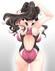 Rule 34 | 1girl, adjusting hair, arms up, ass, back, backboob, bare shoulders, black hair, breasts, commentary request, competition swimsuit, cowboy shot, from behind, highleg, highleg swimsuit, highres, holding, impossible clothes, kantai collection, large breasts, long hair, multicolored clothes, multicolored hair, naganami (kancolle), one-piece swimsuit, pink hair, shoulder blades, sideboob, simple background, skindentation, solo, standing, swimsuit, thighs, water drop, wavy hair, wet, yoshi tama