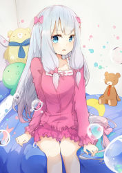 Rule 34 | 10s, 1girl, bad id, bad pixiv id, bedroom, blue eyes, blue hair, blush, bow, bubble, collarbone, eromanga sensei, frills, grey hair, hair bow, indoors, izumi sagiri, legs together, long hair, long sleeves, looking at viewer, on bed, open mouth, pajamas, pink bow, sitting, solo, stuffed animal, stuffed octopus, stuffed toy, teddy bear, very long hair, zzzzxxx2010nian