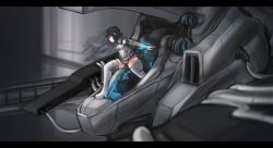 Rule 34 | 1girl, arceonn, black hair, boots, breasts, cockpit, hangar, leotard, letterboxed, mecha, original, pilot suit, red eyes, robot, short hair, small breasts, solo, thigh boots, thighhighs, unitard