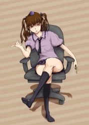 Rule 34 | 1girl, artist request, blouse, cellphone, chair, checkered clothes, checkered skirt, crossed legs, female focus, hat, highres, himekaidou hatate, jitome, legs, long hair, miniskirt, necktie, no panties, phone, shirt, simple background, sitting, skirt, socks, solo, tokin hat, touhou, twintails