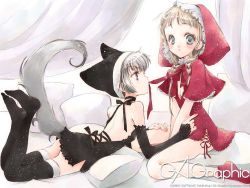 Rule 34 | 00s, 2003, 2girls, animal ears, big bad wolf, black theme, black thighhighs, blonde hair, blush, bottomless, braid, breasts, capelet, cat ears, cat tail, cleavage, curtains, feet, flat chest, gagraphic, grey eyes, grey hair, grimm&#039;s fairy tales, hat, hato rami, little red riding hood, little red riding hood (grimm), lying, mouth hold, multiple girls, on stomach, pink eyes, ribbon, short hair, sitting, small breasts, tail, thighhighs, twin braids, v arms, wolf tail