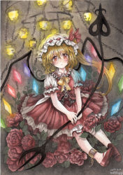Rule 34 | 1girl, 2017, ankle cuffs, blonde hair, blush, chain, chandelier, cuffs, dated, flandre scarlet, flower, frilled skirt, frills, hat, lantern, looking at viewer, mob cap, mosho, painting (medium), puffy sleeves, red eyes, rose, shackles, side ponytail, signature, sitting, skirt, solo, touhou, traditional media, watercolor (medium), wings