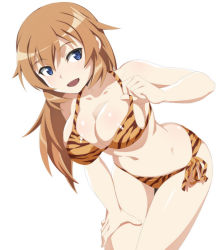 Rule 34 | 1girl, animal print, bikini, blue eyes, blush, breasts, brown hair, charlotte e. yeager, cleavage, large breasts, long hair, nanashino, navel, open mouth, shiny skin, side-tie bikini bottom, simple background, smile, solo, strike witches, swimsuit, tiger print, white background, world witches series