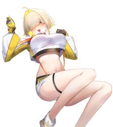 Rule 34 | 1girl, absurdres, ahoge, arm up, black gloves, black sports bra, blonde hair, blunt bangs, blush, breasts, clothing cutout, commentary, crop top, crop top overhang, cropped sweater, elegg (nikke), exposed pocket, fang, gloves, goddess of victory: nikke, grey shorts, hair intakes, hair over eyes, highres, large breasts, long sleeves, looking at viewer, maviss 03, micro shorts, midriff, multicolored hair, navel, open mouth, purple eyes, shoes, shorts, shoulder cutout, sidelocks, simple background, skin fang, skindentation, solo, sports bra, suspender shorts, suspenders, sweat, sweater, thigh strap, two-tone gloves, two-tone hair, white background, white footwear, white sweater, yellow gloves