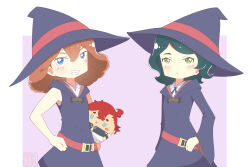 Rule 34 | 2girls, belt, blue eyes, blush, brown hair, commentary, curly hair, dark green hair, english commentary, green eyes, grin, gundam, gundam suisei no majo, hat, highres, holding, holding stuffed toy, little witch academia, looking at viewer, luna nova school uniform, medium hair, multiple girls, norea du noc, pikaotaku, school uniform, serious, smile, sophie pulone, stuffed toy, suletta mercury, upper body, witch, witch hat