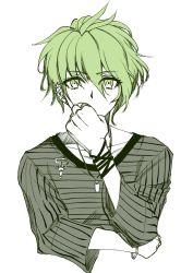 Rule 34 | 1boy, amami rantaro, bracelet, collarbone, commentary request, covering own mouth, cropped torso, danganronpa (series), danganronpa v3: killing harmony, earrings, green hair, hair between eyes, hand up, highres, jewelry, long sleeves, looking at viewer, male focus, messy hair, necklace, satori (aosky9077), shirt, short hair, simple background, solo, striped clothes, striped shirt, upper body, white background