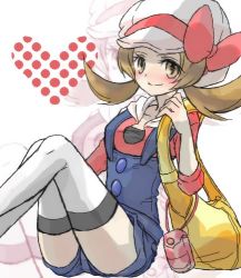 Rule 34 | 00s, 1girl, bag, blush, brown eyes, brown hair, cabbie hat, cellphone, creatures (company), game freak, handbag, hat, hat ribbon, heart, lowres, lyra (pokemon), natsu315, nintendo, overalls, phone, pokegear, pokemon, pokemon hgss, red ribbon, ribbon, short twintails, simple background, solo, thighhighs, twintails, white background, white thighhighs, zoom layer