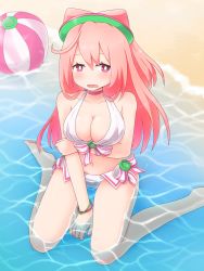 Rule 34 | 10s, 1girl, absurdres, ball, beachball, bikini, blush, breast hold, breasts, cleavage, female focus, hacka doll, hacka doll 2, highres, large breasts, long hair, looking at viewer, navel, open mouth, partially submerged, pink eyes, pink hair, raincandys, sitting, solo, swimsuit, wariza, water, wavy mouth