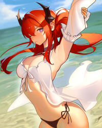 Rule 34 | 1girl, arknights, armpits, arms up, bare shoulders, beach, bikini, black bikini, breasts, cleavage, cloud, day, demon horns, distr, hair intakes, hair tie, hair tie in mouth, highres, horns, large breasts, long hair, looking at viewer, mouth hold, navel, ocean, official alternate costume, one eye closed, outdoors, purple eyes, red hair, sky, solo, stretching, surtr (arknights), surtr (colorful wonderland) (arknights), swimsuit, swimsuit cover-up