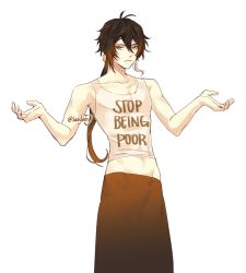 Rule 34 | 1boy, bare shoulders, black hair, closed mouth, clothes writing, collarbone, earrings, english text, genshin impact, hair between eyes, highres, jewelry, lacryem, long hair, male focus, midriff, multicolored hair, ponytail, shirt, simple background, single earring, skirt, solo, tight clothes, tight shirt, white background, yellow eyes, zhongli (genshin impact)