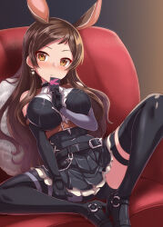 Rule 34 | 1girl, :&lt;, animal ears, belt, belted skirt, black footwear, black gloves, black shirt, black skirt, black thighhighs, blush, breasts, brown belt, brown hair, card, commentary request, couch, dan (orange train), detached sleeves, earrings, elbow gloves, extra ears, frilled skirt, frills, gloves, hand on own thigh, hand up, high heels, highres, holding, holding card, idolmaster, idolmaster million live!, idolmaster million live! theater days, jewelry, kitazawa shiho, large breasts, legs, long hair, looking at viewer, on couch, pleated skirt, rabbit ears, shirt, simple background, single detached sleeve, single elbow glove, single leg bodysuit, single thighhigh, sitting, skirt, solo, spread legs, strapless, strapless shirt, thigh strap, thighhighs, thighs, wavy hair, yellow eyes