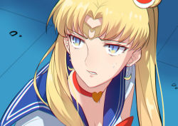 Rule 34 | 1girl, bishoujo senshi sailor moon, blonde hair, blue background, blue eyes, blue sailor collar, breasts, choker, circlet, cleavage, commentary, derivative work, earrings, english commentary, from side, heart, heart choker, highres, jewelry, long hair, meme, parted bangs, parted lips, red choker, sailor collar, sailor moon, sailor moon redraw challenge (meme), screenshot redraw, shigure s, shirt, solo, tsukino usagi, twintails, upper body, white shirt