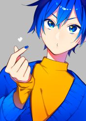 Rule 34 | 1boy, absurdres, blue eyes, blue hair, blue nails, blue sweater, cardigan, commentary request, grey background, hair between eyes, hand up, heart, highres, kaito (vocaloid), looking up, male focus, o3o, open cardigan, open clothes, shio ice, shirt, short hair, simple background, snapping fingers, sweater, turtleneck, upper body, vocaloid, yellow shirt