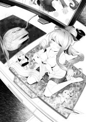 Rule 34 | 1girl, ahoge, blush, breasts, cleavage, closed mouth, cluseller, collarbone, collared shirt, computer, desk, doki doki literature club, doll, female focus, fisheye, from above, full body, greyscale, hair ribbon, half-closed eyes, halftone, hands up, happy, holding, indoors, knitting, knitting needle, large breasts, long hair, long sleeves, looking at viewer, looking up, mini person, minigirl, miniskirt, monika (doki doki literature club), monitor, monochrome, mouse (computer), mousepad, mousepad (object), natsuki (doki doki literature club), needle, pleated skirt, ponytail, ribbon, sayori (doki doki literature club), shirt, sitting, skirt, smile, solo, thighhighs, very long hair, wariza, yuri (doki doki literature club), zettai ryouiki