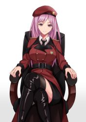 Rule 34 | 1girl, armchair, belt, beret, black belt, black footwear, black necktie, black skirt, black thighhighs, boots, breasts, chair, closed mouth, commission, crossed legs, female commander (girls&#039; frontline), girls&#039; frontline, griffin &amp; kryuger military uniform, hakugin006, hat, highres, jacket, knee boots, long hair, looking at viewer, medium breasts, necktie, pink eyes, pink hair, pixiv commission, red jacket, rubber boots, shirt, sitting, skirt, smile, solo, thighhighs, white background, white shirt