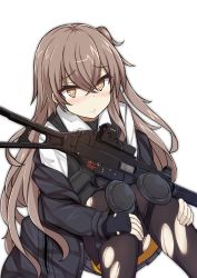 Rule 34 | 1girl, ass, black gloves, black jacket, black vest, blush, brown eyes, brown hair, brown pantyhose, closed mouth, collared shirt, commentary request, fingerless gloves, girls&#039; frontline, gloves, grey skirt, gun, h&amp;k ump, h&amp;k ump, hair between eyes, jacket, knee pads, long hair, name connection, object namesake, off shoulder, one side up, pantyhose, pleated skirt, shinopoko, shirt, simple background, sitting, skirt, solo, submachine gun, torn clothes, torn gloves, torn pantyhose, ump45 (girls&#039; frontline), very long hair, vest, weapon, white background, white shirt