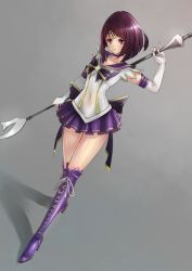 Rule 34 | 1girl, bishoujo senshi sailor moon, black bow, boots, bow, brooch, choker, cross-laced footwear, elbow gloves, expressionless, full body, gloves, grey background, highres, holding, holding polearm, holding spear, holding weapon, jewelry, knee boots, lace-up boots, magical girl, pleated skirt, polearm, purple eyes, purple footwear, purple hair, purple skirt, sailor collar, sailor moon musical, sailor saturn, short hair, silence glaive, simple background, skirt, smile (pixiv9790122), smile (qd4nsvik), solo, spear, star brooch, tiara, tomoe hotaru, weapon, white gloves