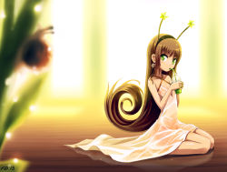 Rule 34 | 1girl, bail, bare shoulders, blurry, brown hair, collarbone, cup, curly hair, depth of field, dress, drinking, drinking straw, earrings, green eyes, holding, jewelry, kneeling, long hair, looking at viewer, mini person, minigirl, original, reflection, seiza, sitting, snail, solo
