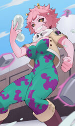 Rule 34 | 1girl, absurdres, ashido mina, black sclera, bodysuit, boku no hero academia, clenched hand, cloud, cloudy sky, colored sclera, colored skin, highres, koyap, looking at viewer, pink hair, pink skin, short hair, short sleeves, sky, smile, solo, yellow eyes