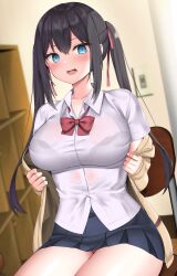 Rule 34 | 1girl, black hair, blue eyes, blurry, blurry background, blush, bow, bowtie, bra visible through clothes, breasts, coat, collared shirt, dawit, fang, hair between eyes, hair ribbon, highres, indoors, large breasts, long hair, looking at viewer, miniskirt, open clothes, open coat, open mouth, original, panties, panty peek, pantyshot, pleated skirt, red bow, red bowtie, ribbon, see-through, shirt, short sleeves, sidelocks, sitting, skirt, solo, taut clothes, taut shirt, thighs, twintails, underwear, untucked shirt, white shirt