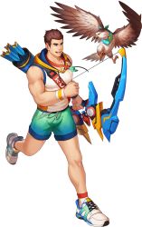 Rule 34 | 1boy, artist request, bara, bare arms, bare shoulders, bird, bow (weapon), brown hair, bulge, eagle, eddie (gyee), full body, green male swimwear, gyee, highres, holding, holding weapon, hood, hoodie, male focus, male swimwear, muscular, muscular male, official alternate costume, official art, pectorals, shirt, shoes, short hair, sleeveless, sleeveless hoodie, smile, sneakers, solo, swim trunks, tight clothes, tight shirt, transparent background, weapon, white shirt