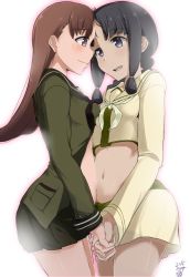 Rule 34 | 10s, 2girls, bad id, bad pixiv id, black hair, blunt bangs, blush, braid, brown eyes, brown hair, crop top, crop top overhang, eye contact, face-to-face, forehead-to-forehead, heads together, highres, hime cut, holding hands, interlocked fingers, kantai collection, kitakami (kancolle), long hair, looking at another, midriff, multiple girls, navel, ooi (kancolle), open clothes, open mouth, open shirt, remodel (kantai collection), school uniform, serafuku, shirt, sidelocks, skirt, smile, vyowolf, yuri